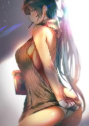  1girl ass azur_lane backless_dress backless_outfit bare_shoulders bow breasts clothes_tug cowboy_shot dress food from_side gloves hair_bow long_hair looking_at_viewer medium_breasts meme_attire mouth_hold panties pocky pocky_day ponytail profile ribbed_sweater sabaku_no_tanuki short_dress sideboob solo sweater sweater_dress sweater_tug takao_(azur_lane) turtleneck turtleneck_sweater underwear white_gloves white_panties 