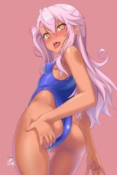 1girl artist_request ass ass_grab blush breasts chloe_von_einzbern competition_swimsuit covered_erect_nipples dark_skin fate/kaleid_liner_prisma_illya fate_(series) highleg highleg_swimsuit loli long_hair looking_back one-piece_swimsuit perfection pink_hair small_breasts solo swimsuit tagme tongue tongue_out rating:Questionable score:74 user:Astrolightning00