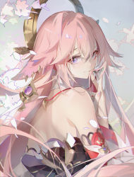  1girl animal_ears backless_outfit bare_shoulders closed_mouth commentary_request detached_sleeves earrings floppy_ears fox_ears from_behind genshin_impact hair_between_eyes hand_up highres jewelry long_hair long_sleeves looking_at_viewer looking_back nail_polish petals pink_hair pink_nails purple_eyes sideways_glance smile solo tracyton upper_body yae_miko 