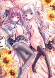  2girls :d :o absurdres ass bed black_thighhighs blue_eyes blunt_bangs blush bow bow_panties cameltoe capelet clothes_lift crossover dress electric_guitar fender_mustang flat_chest floral_print flower frilled_panties frills from_above from_side gotou_jun guitar hair_ribbon highres instrument knees_together_feet_apart lace lace-trimmed_panties lace_trim loli long_sleeves lying minato_tomoka multiple_girls navel no_bra official_art on_back on_bed on_side one_side_up open_clothes open_dress open_mouth open_shirt panties panties_under_pantyhose pantyhose petals petticoat pillow pink_panties plaid plaid_skirt pleated_skirt polka_dot polka_dot_panties purple_eyes purple_hair ribbon rou-kyuu-bu! scan school_uniform shirt short_dress short_twintails skirt skirt_lift smile sunflower tenshi_no_3p! thighhighs tinker_bell_(pixiv_10956015) translation_request turtleneck twintails underwear white_hair white_panties 
