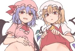  2girls :d :o ascot bat_wings blonde_hair blue_hair bottomless clothes_lift commentary crystal flandre_scarlet groin hair_between_eyes hat highres lifted_by_self looking_at_viewer looking_down miyo_(ranthath) mob_cap multiple_girls no_panties open_mouth out-of-frame_censoring pink_headwear puffy_short_sleeves puffy_sleeves red_ascot red_eyes red_skirt remilia_scarlet short_hair short_sleeves side_ponytail simple_background sketch skirt skirt_lift smile touhou white_background white_headwear wings yellow_ascot  rating:Sensitive score:21 user:danbooru