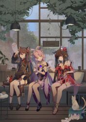  3girls absurdres animal animal_ear_fluff animal_ears bare_shoulders black_gloves black_hat black_nails black_shorts boo_tao_(genshin_impact) bow-shaped_hair breasts brown_hair cafe cat cat_tail choker closed_mouth coattails coffee coffee_cup collared_coat company_connection cup detached_sleeves disposable_cup dress flower flower-shaped_pupils forehead_jewel fox_mask fu_xuan_(honkai:_star_rail) genshin_impact gloves hair_ornament hair_rings hair_stick halterneck hat hat_tassel high_heels highres honkai:_star_rail honkai_(series) hu_tao_(genshin_impact) indoors jewelry long_hair long_sleeves low_twintails mask mihoyo multiple_girls multiple_rings open_mouth pantyhose parted_bangs pillow pink_eyes pink_hair plant porkpie_hat potted_plant qixia red_dress red_eyes ring shorts sitting smile socks sparkle_(honkai:_star_rail) symbol-shaped_pupils table tail tailcoat twintails unworn_headwear very_long_hair white_pantyhose white_socks x_hair_ornament yellow_eyes 