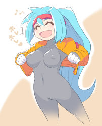  1girl ashe_(mega_man) blue_hair bodysuit breasts capcom covered_erect_nipples closed_eyes formal happy hip_focus jacket latex legs machbow midriff navel open_clothes open_jacket open_mouth ponytail mega_man_(series) mega_man_zx skin_tight solo suit vest 