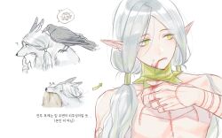  1girl ? alternate_form animal animal_on_shoulder arm_tattoo arrow_(symbol) bird bird_on_shoulder biting blood blood_on_face blood_on_hands chest_tattoo crow dungeon_meshi elf finger_to_mouth fleki frown furry furry_male grey_hair hair_between_eyes hair_over_shoulder hair_tubes hand_tattoo hand_up highres korean_commentary korean_text long_hair looking_to_the_side low_twintails lycion male_focus multiple_views notched_ear o_x_ygen parted_bangs pointy_ears simple_background spoken_character tattoo thinking topless_male twintails upper_body wolf 