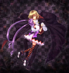 1boy 1girl alternate_costume blonde_hair cape checkered_background dancing frills full_body gloves halloween hetero highres holding_hands long_hair miyato000 pants pointy_ears purple_eyes purple_hair richard_(tales) shoes skirt smile sophie_(tales) star_(symbol) striped_clothes striped_thighhighs tales_of_(series) tales_of_graces thighhighs twintails yellow_eyes rating:Sensitive score:4 user:danbooru