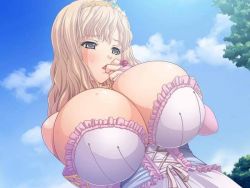 10s 1girl bare_shoulders blonde_hair blue_eyes blush breasts cleavage cloud game_cg huge_breasts kyonyuu_fantasy long_hair luceria_von_diamante no_bra open_mouth photo_background sky solo tagme upper_body  rating:Questionable score:78 user:uberbevan