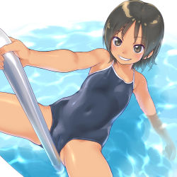  1girl black_eyes black_hair blue_one-piece_swimsuit cameltoe competition_school_swimsuit covered_erect_nipples covered_navel flat_chest gluteal_fold grin kikurage_(crayon_arts) loli looking_at_viewer naughty_face one-piece_swimsuit original outdoors partially_submerged pool_ladder school_swimsuit short_hair smile solo spread_legs swimsuit tan wet  rating:Questionable score:172 user:danbooru