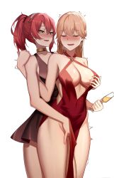  2girls alcohol bare_shoulders blonde_hair blush breasts cero_(last2stage) champagne champagne_flute cleavage closed_eyes cocktail_dress collarbone cup dress drinking_glass earrings fingering girls&#039;_frontline green_eyes highres jewelry large_breasts long_hair looking_at_another multiple_girls non-web_source official_alternate_costume open_mouth ots-14_(girls&#039;_frontline) ots-14_(ruler_of_the_banquet)_(girls&#039;_frontline) pelvic_curtain pink_hair plunging_neckline pussy_juice r93_(girls&#039;_frontline) red_dress red_hair simple_background smile thighs white_background yuri  rating:Explicit score:44 user:danbooru