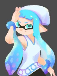  1girl alternate_species aqua_eyes arm_up blue_hair closed_mouth commentary_request grey_background hat ikamusume inkling long_hair mira_2420 nintendo no_lineart official_style pointy_ears purple_trim shinryaku!_ikamusume shirt simple_background smile solo splatoon_(series) tentacle_hair white_hat white_shirt 