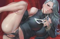 1girl bare_shoulders black_jacket black_panties black_shirt unworn_blazer blush breasts brown_eyes censored closed_mouth covered_erect_nipples hair_between_eyes hand_on_thigh holding_leg indoors jacket jewelry large_breasts long_hair looking_at_another niijima_sae off_shoulder panties persona persona_5 pussy see-through shiny_skin shirt silver_hair sleeveless sleeveless_shirt turtleneck underwear unfairr rating:Explicit score:154 user:Vardigiil