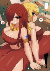  ! 2girls arm_tattoo armlet blonde_hair blush breasts brown_eyes brown_shirt character_request choker cleavage collarbone creature erza_scarlet fairy_tail grin hair_over_one_eye hand_tattoo heart large_breasts long_hair looking_at_viewer lucy_heartfilia midriff monster multiple_girls red_hair red_shirt red_skirt shirt side_slit sitting skirt smile sparkle speech_bubble spoken_fire spoken_heart strapless tattoo teeth thick_thighs thighs tony_welt tube_top twintails 