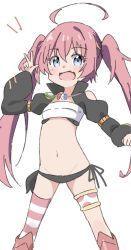 1girl :d ahoge black_panties blue_eyes blush boots commentary_request fang groin hair_between_eyes hand_up highres kapuru_0410 knee_boots long_hair looking_at_viewer milim_nava navel notice_lines open_mouth panties pink_hair red_footwear side-tie_panties simple_background smile solo striped_clothes striped_thighhighs tensei_shitara_slime_datta_ken thighhighs thighhighs_under_boots twintails underwear very_long_hair w white_background 