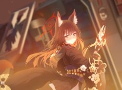 1girl absurdres animal_ear_fluff animal_ears artist_request asymmetrical_bangs black_gloves black_kimono blue_archive blunt_ends blurry blurry_background blush bow broken_glass brown_hair fingerless_gloves floral_print flower fox_ears fox_girl fox_mask fox_tail game_cg glass gloves hair_flower hair_ornament halo highres holding holding_mask japanese_clothes kimono long_hair looking_at_viewer looking_back mask multicolored_hair non-web_source obi obiage official_art print_kimono red_hair red_halo sash side_slit smile solo tail tail_bow tail_ornament two-tone_hair wakamo_(blue_archive) wide_sleeves yellow_eyes rating:General score:4 user:danbooru