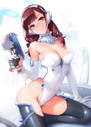  1girl animal_ear_headphones animal_ears arm_support armpits ataruman bare_shoulders black_ribbon black_thighhighs blush breasts brown_eyes brown_hair chromatic_aberration cleavage closed_mouth collar d.va_(overwatch) detached_sleeves elbow_gloves facepaint facial_mark fake_animal_ears gloves gun hair_over_shoulder hair_ribbon handgun head_tilt headphones hexagon highres holding holding_gun holding_weapon kneeling leotard long_hair long_sleeves looking_at_viewer low_twintails medium_breasts overwatch overwatch_1 playboy_bunny rabbit_ear_headphones rabbit_ears reclining ribbon see-through shiny_clothes simple_background skin_tight skindentation smile smug solo strapless strapless_leotard thighhighs trigger_discipline twintails weapon whisker_markings white_background white_leotard  rating:Questionable score:54 user:danbooru