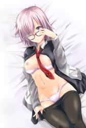  1girl arino_hiroshi between_breasts black_pantyhose blush breasts breasts_out fate/grand_order fate_(series) glasses hair_over_one_eye light_purple_hair lying mash_kyrielight medium_breasts navel necktie nipples on_back open_mouth panties pantyhose purple_eyes short_hair solo underwear undressing  rating:Questionable score:20 user:danbooru