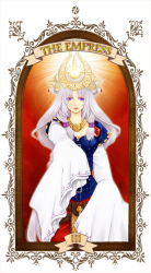 1girl arshtat_falenas bad_id bad_pixiv_id blue_eyes breasts cleavage crown dress female_focus gensou_suikoden gensou_suikoden_v jewelry large_breasts long_hair necklace purple_eyes silver_hair solo tarot tarot_(medium) the_empress_(tarot) yunako_(artist)
