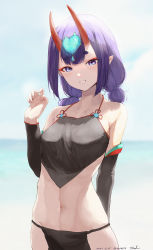  1girl absurdres bare_shoulders beach black_fundoshi blue_sky blurry blurry_background blush breasts chinese_clothes collarbone detached_sleeves dudou eyeliner fate/grand_order fate_(series) forehead_jewel fundoshi grin highres horns japanese_clothes looking_at_viewer low_twintails makeup navel oni pointy_ears purple_eyes purple_hair short_hair short_twintails shuten_douji_(fate) shuten_douji_(fate/grand_order) shuten_douji_(halloween_caster)_(fate) skin-covered_horns sky small_breasts smile solo taino_kou twintails  rating:Sensitive score:49 user:danbooru