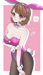  1girl alternate_costume animal_ears arm_under_breasts bare_shoulders blue_nails blush border bow bowtie breasts brown_eyes brown_hair brown_pantyhose chako_(p4amg1208) cleavage closed_mouth collarbone commentary cowboy_shot detached_collar earrings embarrassed fake_animal_ears hand_on_own_arm heart heart_earrings highleg highleg_leotard highres jewelry large_breasts leotard looking_at_viewer medium_hair multicolored_nails nail_polish outside_border pantyhose persona persona_3 persona_3_reload pink_background pink_bow pink_bowtie pink_leotard pink_lips pink_nails playboy_bunny rabbit_ears rabbit_tail solo sparkle spoken_blush strapless strapless_leotard stud_earrings swept_bangs tail takeba_yukari white_border wrist_cuffs 
