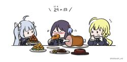  3girls ^_^ ahoge amano_soraha arm_at_side assault_lily black_hair black_ribbon blonde_hair blue_ribbon blunt_bangs boned_meat bow chibi chicken_(food) closed_eyes cropped_jacket croquette date_pun eating finger_to_own_chin food gem gem_hair_ornament glasses grey_hair hair_bow hair_ribbon hand_up highres holding holding_food holding_plate juliet_sleeves kabayaki_(kabayaki_eel) layered_sleeves long_hair long_sleeves looking_at_another looking_at_food low_ponytail mashima_moyu meat meat_day miriam_hildegard_von_gropius motion_lines multiple_girls neck_ribbon no_mouth notice_lines number_pun open_mouth plate ponytail puffy_sleeves red-framed_eyewear red_gemstone ribbon school_uniform semi-rimless_eyewear shirt short_sleeves simple_background smile solid_oval_eyes steak translated twintails twitter_username under-rim_eyewear white_background white_bow white_shirt yurigaoka_girls_academy_school_uniform 