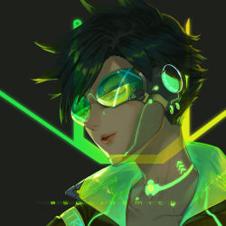  1girl artist_name black_background black_hair brown_hair character_name cyberpunk_(series) cyberpunk_2077 cyborg earrings glowing goggles green-tinted_eyewear green-tinted_glasses green_theme half-closed_eyes headphones highres jewelry joints lips lipstick looking_away makeup overwatch overwatch_1 parted_lips portrait robot_joints short_hair smile solo spiked_hair squidsmith swept_bangs tinted_eyewear tracer_(overwatch) visor  rating:Sensitive score:23 user:danbooru
