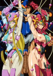  00s 1boy 2girls aoi_anna aoki_reimu armor armpits arms_up bdsm blonde_hair blue_eyes blush bondage bound grabbing_another&#039;s_breast breasts brown_eyes brown_hair censored character_request covered_erect_nipples erection grabbing group_sex helmet highres large_breasts legs long_hair looking_at_viewer mira_ackerman multiple_girls nipples orange_eyes penis pointless_censoring pubic_hair pussy saruwatari_goo shinkon_gattai_godannar!! short_hair smile standing tentacles testicles thighs torn_clothes  rating:Explicit score:36 user:Kentabarou
