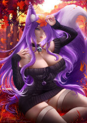  1girl animal_ear_fluff animal_ears autumn autumn_leaves bare_shoulders black_choker black_sweater blue_eyes blush borrowed_character breasts choker cleavage commission fox_ears fox_girl fox_tail hand_on_own_shoulder highres holding holding_leaf javier_estrada kurona_reole large_breasts large_tail leaf long_hair looking_at_viewer maple_leaf original outdoors panties purple_hair purple_tail signature sitting solo sweater tail thighhighs thighs underwear very_long_hair watermark 