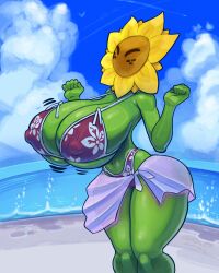  1girl beach bikini bikini_skirt bouncing_breasts breasts closed_eyes cloud covered_erect_nipples curvy freckles from_side happy highres huge_breasts large_nipples mario_(series) monster_girl navel nintendo ocean outdoors plant_girl see-through skin_tight sky snao_(asj) standing sunflower_kid super_mario_sunshine swimsuit thick_thighs thighs water wide_hips  rating:Questionable score:6 user:ComboBreaking