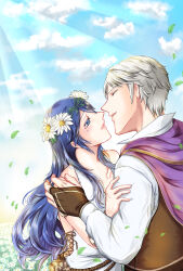 1boy 1girl armlet armpits bare_shoulders blonde_hair blue_eyes bracelet breasts capelet cleavage clenched_hand closed_eyes collarbone collared_shirt couple day dress field fingerless_gloves fingernails fire_emblem fire_emblem_awakening fire_emblem_heroes flower flower_field gloves hair_between_eyes hand_on_another&#039;s_shoulder height_difference hug imminent_kiss intelligent_systems jewelry long_dress long_hair long_sleeves looking_at_another lucina_(fire_emblem) lucina_(valentine)_(fire_emblem) matching_hair/eyes neck nintendo no_bra official_alternate_costume outdoors parted_lips profile robin_(fire_emblem) robin_(male)_(fire_emblem) rope_belt shirt short_hair side_slit sidelocks sky sleeveless sleeveless_dress small_breasts standing sundress sunlight symbol_in_eye tears thighs upper_body white_dress white_hair 