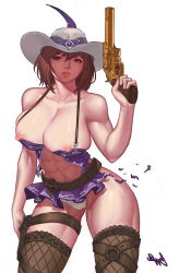 00s 1girl abs arm_at_side bad_id bad_pixiv_id bare_arms bare_shoulders belt belt_buckle breasts brown_eyes brown_thighhighs buckle bypos collarbone cowboy_shot dress dungeon_and_fighter feathers female_gunner_(dungeon_and_fighter) fishnet_thighhighs fishnets gem gun gunner_(dungeon_and_fighter) hair_between_eyes halterneck hat hat_feather highres holding holding_gun holding_weapon holster large_breasts legs_apart looking_at_viewer microdress mole mole_under_eye muscular muscular_female navel nipple_slip nipples o-ring panties parted_lips purple_dress short_hair signature simple_background solo stomach thigh_holster thigh_strap thighhighs torn_clothes trigger_discipline underwear weapon white_background white_hat white_panties rating:Questionable score:42 user:danbooru