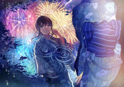  1girl blue_eyes blue_kimono brown_hair commentary_request crying crying_with_eyes_open feet_out_of_frame fireworks gift hair_between_eyes highres holding holding_gift japanese_clothes kimono light long_sleeves looking_at_mirror looking_down medium_hair mirror night obi open_mouth original plant_print pond print_kimono reflection reflective_water ripples sakura_(39ra) sash sidelocks solo standing tearing_up tears teeth water wide_sleeves yukata  rating:General score:4 user:danbooru