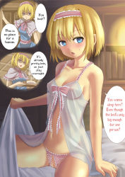  1girl alice_margatroid babydoll bare_arms bare_shoulders bed blonde_hair blue_eyes blush bookshelf bowl breasts capelet carrying collarbone commentary_request covered_erect_nipples cowboy_shot crotchless crotchless_panties plate female_focus food hairband hard-translated indoors lingerie lolita_hairband looking_at_viewer medium_breasts navel neck_ribbon nipples nose_blush on_bed open_mouth panties pussy ribbon ringed_eyes sakura_simonov see-through shaded_face short_hair sitting solo speech_bubble sweat text_focus thighs third-party_edit touhou translated tray tsundere uncensored underwear underwear_only 