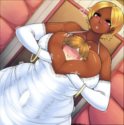1boy 1girl 2014 artist_name bare_shoulders between_breasts blonde_hair blush breast_smother breasts bulge cleavage curvy dark_skin dutch_angle earrings face_to_breasts gloves huge_breasts jewelry lazorchef motion_lines parted_lips person_between_breasts pink_eyes shared_clothes short_hair shota standing white_gloves wide_hips rating:Questionable score:118 user:usernam