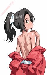  1girl azmira1534815 bare_back bare_shoulders black_hair blue_archive clothes_down expressionless halo long_hair looking_at_viewer looking_back red_happi rickshaw_student_(blue_archive) simple_background sketch solo tan upper_body white_background yellow_eyes 