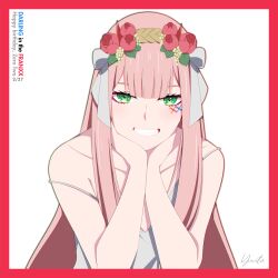  1girl absurdres bare_shoulders border camisole collarbone commentary copyright_name darling_in_the_franxx dated english_commentary english_text flower green_eyes grey_camisole hair_flower hair_ornament hair_ribbon hands_on_own_chin highres leaf light_blush long_hair looking_at_viewer off_shoulder open_mouth own_hands_together pink_hair red_border red_flower ribbon signature simple_background smile solo straight-on teeth upper_body white_background white_ribbon yuuta_(yuuta0312) zero_two_(darling_in_the_franxx)  rating:Sensitive score:23 user:danbooru