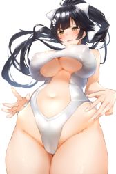  1girl azur_lane black_hair blush bow breasts brown_eyes casual_one-piece_swimsuit clothing_cutout commentary_request covered_erect_nipples floating_hair flower from_above hair_bow hair_flaps hair_flower hair_ornament hechi_(hechi322) highres large_breasts long_hair looking_at_viewer looking_down navel navel_cutout one-piece_swimsuit open_mouth orange_eyes ponytail saliva saliva_trail simple_background solo swimsuit takao_(azur_lane) takao_(beach_rhapsody)_(azur_lane) thighs underboob very_long_hair white_background white_bow white_one-piece_swimsuit  rating:Sensitive score:52 user:danbooru