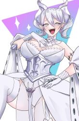  1girl bare_shoulders blush breasts dress duel_monster grey_eyes grey_hair highres large_breasts leotard lovely_labrynth_of_the_silver_castle open_mouth pointy_ears smile smug solo sparkle strapless strapless_dress teeth thighhighs tokiwajing upper_teeth_only white_dress white_leotard white_thighhighs yu-gi-oh! 