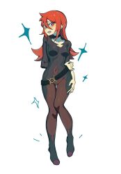  1girl arm_behind_back belt black_belt black_bodysuit blush bodysuit breasts covered_navel full_body hair_between_eyes highres kuri_(8mr4i9afb6bmulu) little_witch_academia long_bangs long_hair looking_at_viewer lower_teeth_only medium_breasts open_mouth red_eyes red_hair shiny_chariot skin_tight teeth ursula_charistes white_background 