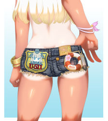  10s 1girl absurdres adapted_object adjusting_clothes ass ass_focus badge bangle blonde_hair blue_eyes bracelet butt_crack chaki_(teasets) character_name character_print close-up cutoffs dark-skinned_female dark_skin denim denim_shorts english_text engrish_text facing_away flower from_behind gradient_background hair_flower hair_ornament highres innertube jewelry kantai_collection lifebuoy long_hair lower_body one-piece_tan ranguage ro-500_(kancolle) school_swimsuit short_shorts shorts solo swim_ring swimsuit tan tanline torpedo u-511_(kancolle)  rating:Sensitive score:88 user:danbooru
