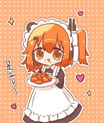  1girl a.i._voice adachi_rei alternate_costume apron black_dress chibi chibi_only chicken_(food) dress enmaided feet_out_of_frame food food_on_face fried_chicken frilled_apron frills hair_ornament hair_ribbon hairclip headset heart holding holding_plate hyouenn long_sleeves looking_at_viewer maid maid_apron maid_headdress medium_hair one_side_up open_mouth orange_background orange_eyes orange_hair outline plate polka_dot polka_dot_background ribbon smile solo sparkle standing typo utau white_outline white_ribbon 
