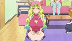 3girls animated animated_gif bare_shoulders baseball_cap blonde_hair blue_hair blush bouncing_breasts breasts cleavage cleavage_cutout couch curvy denim dragon_horns closed_eyes gradient_hair green_hair hat heart heart_cutout horns huge_breasts jeans jiggle kneeling kobayashi-san_chi_no_maidragon kobayashi_(maidragon) long_hair multicolored_hair multiple_girls pants lucoa_(maidragon) shorts sitting smile table thick_thighs thighs tohru_(maidragon) wariza wide_hips rating:Sensitive score:113 user:JustHere4Butts