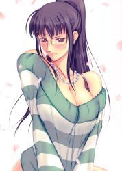  1girl bare_shoulders black_hair blunt_bangs blush bra_strap breasts cleavage clothes_tug collarbone embarrassed female_focus glasses highres huge_breasts jewelry long_hair long_sleeves looking_at_viewer necklace nico_robin no_pants one_piece one_piece:_strong_world petals pink_eyes ponytail purple_hair rimless_eyewear shirt shirt_tug simple_background sitting solo striped_clothes striped_shirt striped_sweater sweater sweater_tug white_background  rating:Sensitive score:75 user:Kentabarou