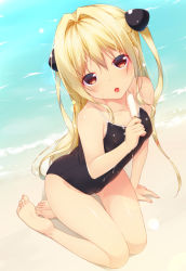 1girl :o bad_id bad_pixiv_id barefoot black_one-piece_swimsuit blonde_hair breasts cameltoe collarbone covered_erect_nipples feet food hair_intakes hair_ornament highres konjiki_no_yami long_hair looking_at_viewer one-piece_swimsuit popsicle red_eyes sand seiza shokuyou_mogura sitting small_breasts solo suggestive_fluid swimsuit to_love-ru two_side_up water rating:Sensitive score:74 user:danbooru