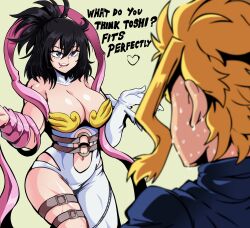  1boy 1girl absurdres angewomon angewomon_(cosplay) asymmetrical_clothes belt black_hair blonde_hair bodysuit boku_no_hero_academia breasts cleavage clothing_cutout commentary cosplay curvy detached_collar digimon english_commentary english_text gloves green_background hair_between_eyes hands_up heart hetero highres large_breasts lewdamone long_hair looking_at_another mole mole_under_mouth navel navel_cutout nervous_sweating open_mouth purple_eyes revealing_clothes seductive_smile shimura_nana simple_background single_glove smile sonozaki_mie stomach_cutout strapless sweat thigh_belt thigh_strap voice_actor_connection wide_hips yagi_toshinori 