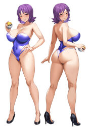  1girl areola_slip ass bare_legs blue_one-piece_swimsuit blush breasts brown_eyes cameltoe cleavage cleft_of_venus covered_navel creatures_(company) curvy game_freak gs_ball high_heels highleg highleg_swimsuit holding holding_poke_ball jewelry jirusu large_breasts looking_at_viewer looking_back multiple_views naughty_face necklace nintendo nipple_slip nipples nipples_through_clothes one-piece_swimsuit philena_ivy poke_ball pokemon pokemon_(anime) pokemon_(classic_anime) pubic_hair purple_hair shiny_skin short_hair smile solo strapless swimsuit thighs turnaround wide_hips  rating:Questionable score:76 user:ehwdihed151