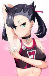  1girl arm_behind_head arm_up armpit_onigiri armpits bare_shoulders black_hair camisole chinese_commentary closed_mouth collarbone commentary_request creatures_(company) crop_top earrings food game_freak green_eyes hair_horns hair_ribbon highres holding holding_food jewelry marnie_(pokemon) mixed-language_commentary nintendo partial_commentary pink_ribbon pokemon pokemon_swsh ribbon rice rice_on_armpit short_hair solo sweat twintails upper_body wl-cmt  rating:Sensitive score:4 user:danbooru