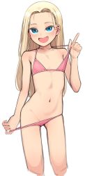  1girl absurdres bare_shoulders bikini bikini_pull blonde_hair blue_eyes blush borrowed_character clothes_pull commentary cropped_legs female_focus flat_chest highres index_finger_raised loli long_hair looking_at_viewer navel open_mouth original pink_bikini pulling_own_clothes pussy pussy_peek sasha_(haguhagu) simple_background smile solo swimsuit white_background yeun  rating:Questionable score:659 user:danbooru