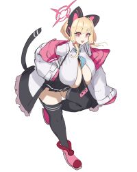  1girl absurdres alternate_breast_size animal_ear_headphones animal_ears between_breasts black_skirt blonde_hair blue_archive blue_necktie blush bow breasts cat_ear_headphones cat_ears cat_tail fake_animal_ears full_body gya_rb halo headphones highres huge_breasts jacket long_sleeves looking_at_viewer momoi_(blue_archive) necktie nintendo_switch open_clothes open_jacket open_mouth shirt short_hair simple_background skirt smile solo standing tail thighhighs white_background white_shirt 