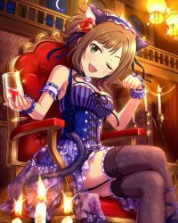  10s 1girl ;3 ;d animal_ears armchair artist_request brown_hair cat_ears cat_tail chair cup cupping_glass drinking_glass fang flower green_eyes hair_flower hair_ornament idolmaster idolmaster_cinderella_girls crossed_legs maekawa_miku official_art one_eye_closed open_mouth paw_pose short_hair sitting smile tail thighhighs wine_glass  rating:Sensitive score:6 user:-Z-