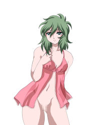  1boy andromeda_shun bow censored crossdressing green_eyes green_hair lace lingerie male_focus nightgown penis pink_theme saint_seiya solo trap underwear  rating:Explicit score:26 user:KittyN1404