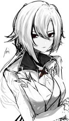  1girl arlecchino_(genshin_impact) closed_mouth coat genshin_impact greyscale hair_between_eyes highres long_sleeves looking_at_viewer monochrome red_pupils short_hair signature simple_background sketch solo spot_color symbol-shaped_pupils upper_body white_background x-shaped_pupils yohukeno 